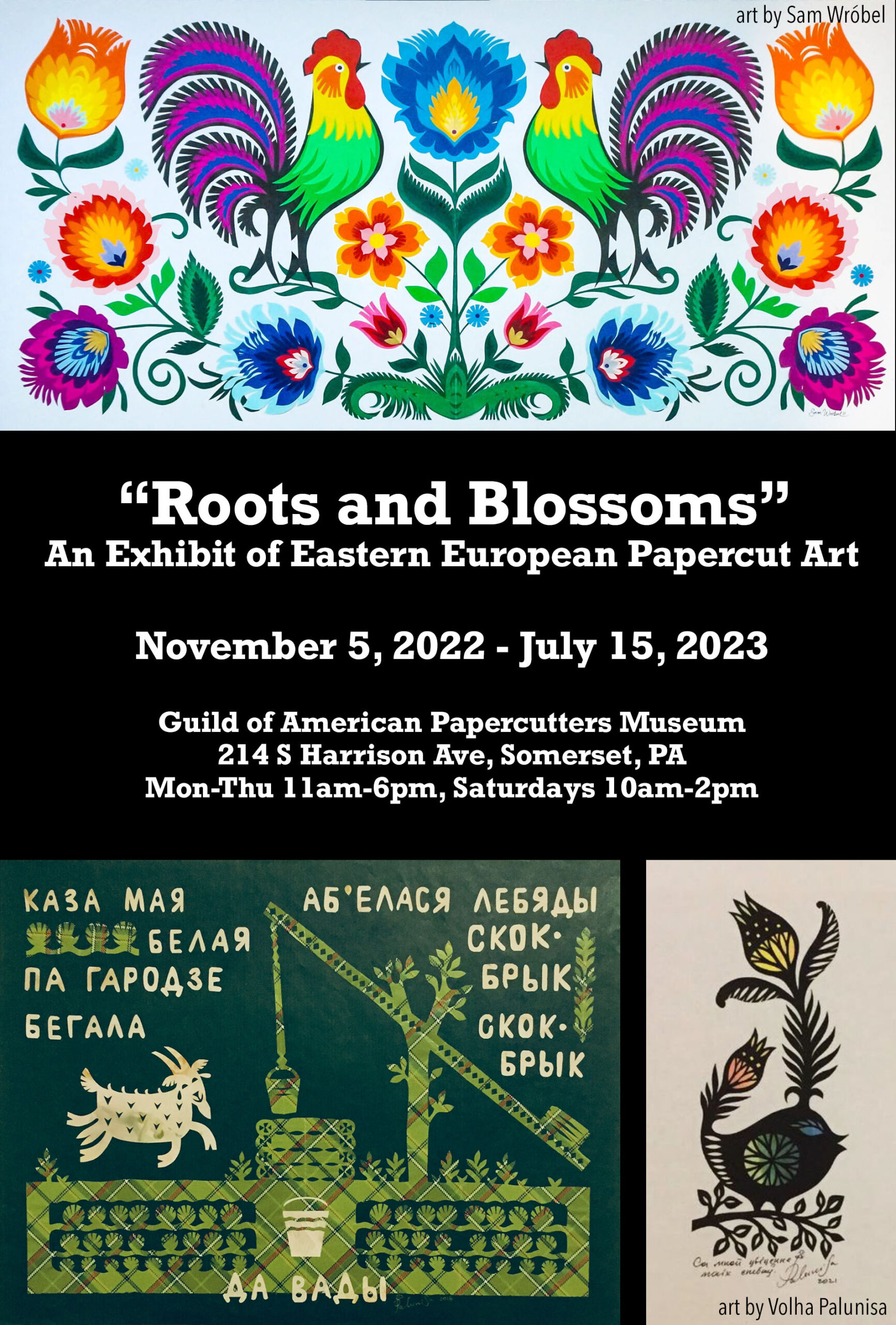 Graphic for Roots and Blossoms exhibition of Eastern European Papercut Art at the GAP National Museum