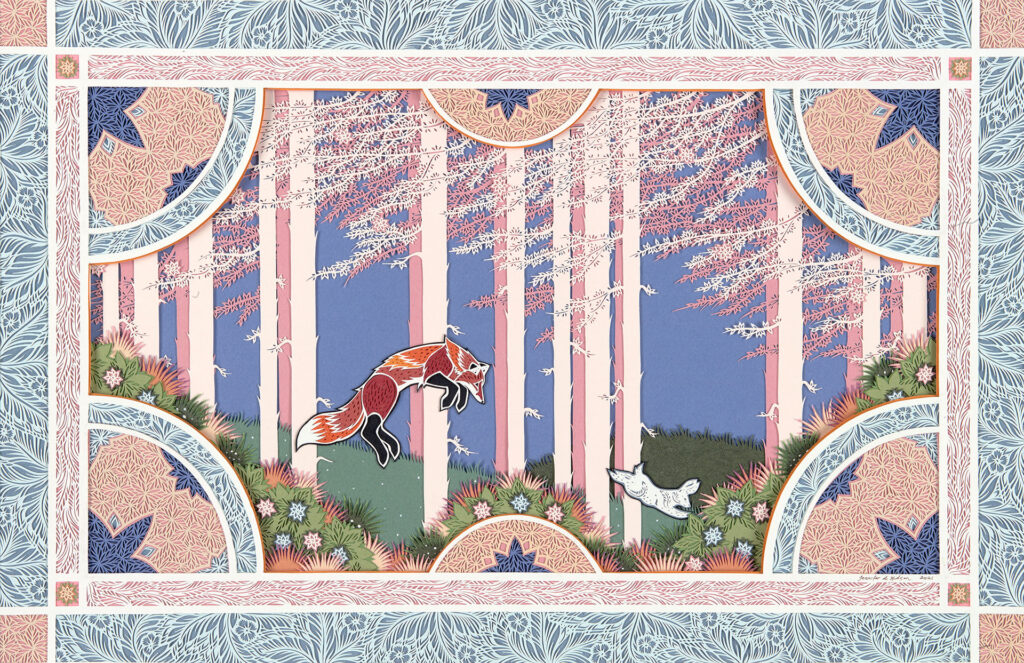 Jen Hudson - Give Chase - papercutting with fox leaping into the air and chasing a rabbit through pastel woods with very finely cut leaves and ornamental border, soft blues, pinks, greens with a blue-purple sky behind