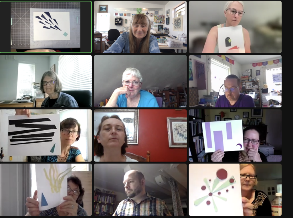 Zoom screenshot of workshop participants, some showing their artwork