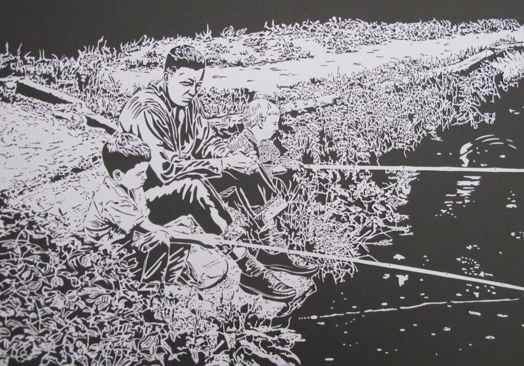 Papercut of man and child with fishing poles, title "Waiting for the Catch", by Steve Kennedy